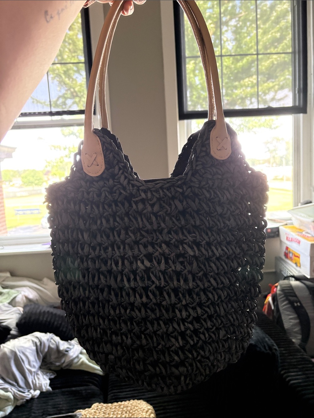 Black Woven Tote Bag with Tan Handles